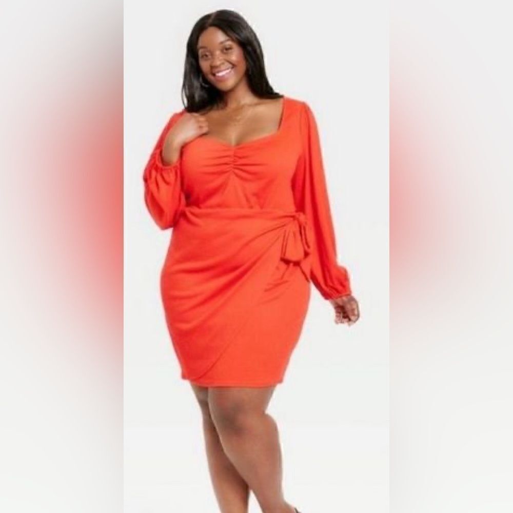 Ava & Viv Balloon Sleeve Wrap Dress Sweetheart Neckline Red NWT Size 3X - Picture 1 of 8